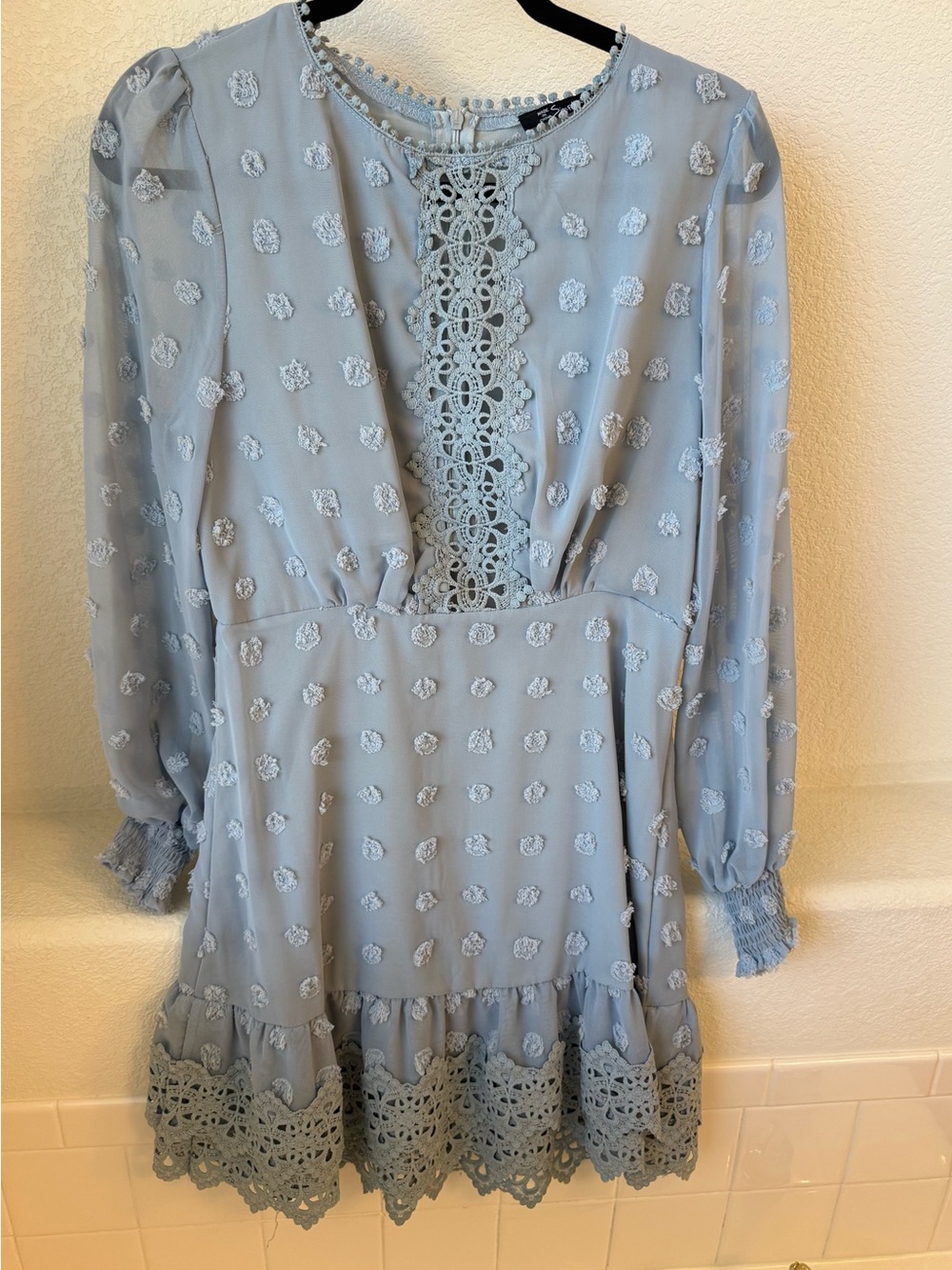 Light Blue Lace-Trim Long Sleeve Dress